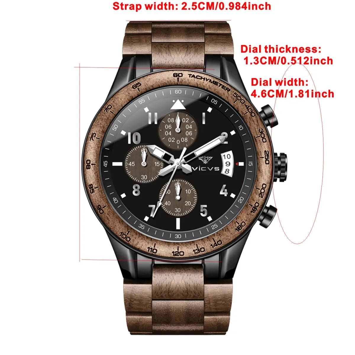 ساعة VICVS الخشبية للرجال تعرض التاريخ كوارتز هدايا فريدة لعيد الميلاد/العطلات