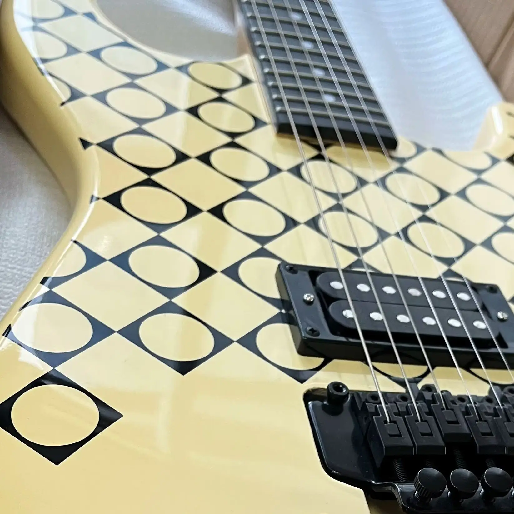 Cream-Colored Electric Guitar Black And White Geometric Patterns Circular And Square Patchwork Prints, Blue Dress, Rosewood Fingerboard, Maple Body, Christmas Gift, US Stock, Free Shipping. view 4