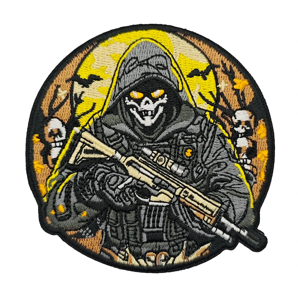Taktischer Grim Reaper Totenkopf Sniper bestickter Aufnäher mit Klettverschluss, militärisches Moral-Abzeichen zum Selbermachen für Kleidung, Rucksack, Jacke, Weste, Hut