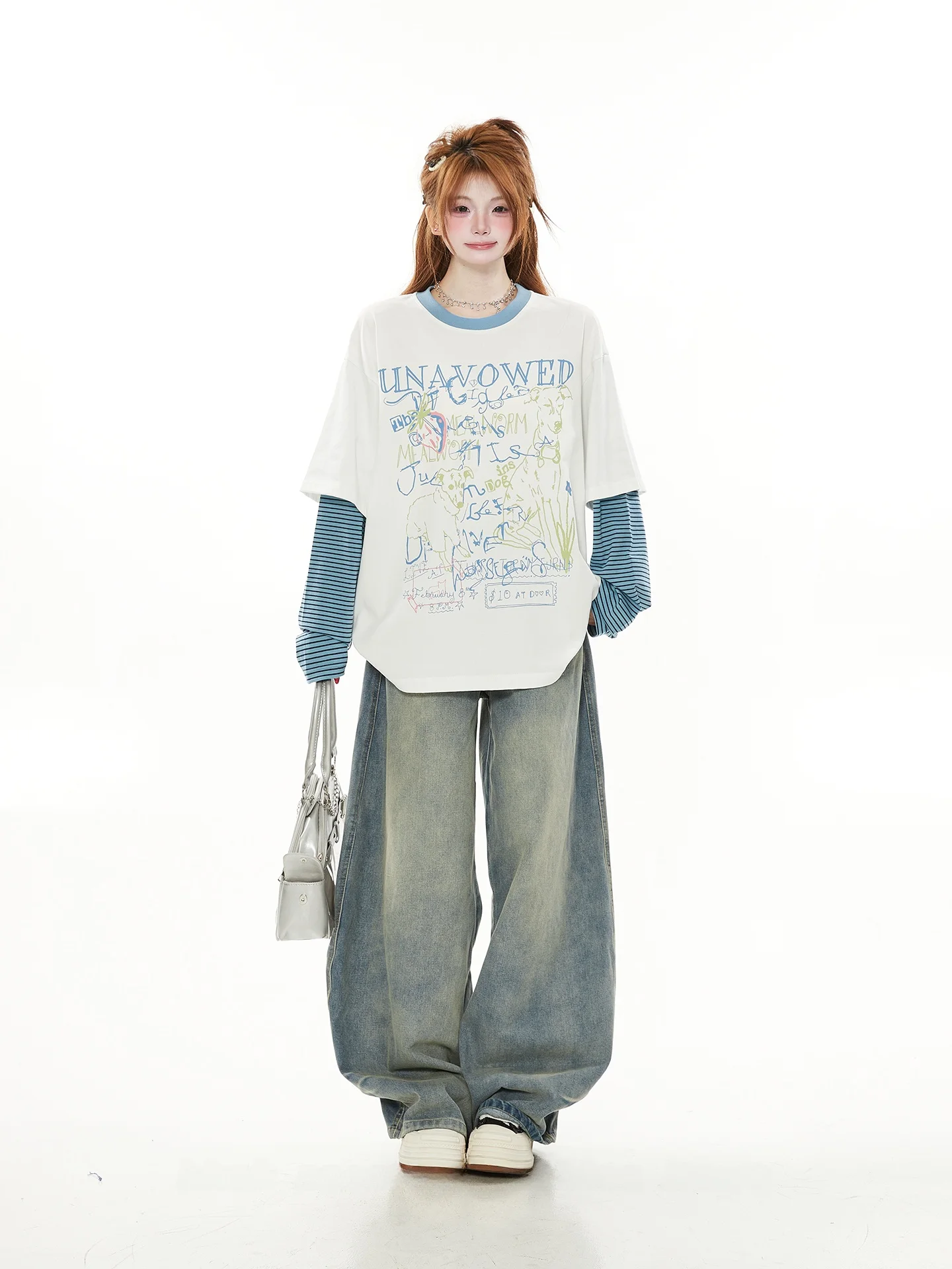 

Retro American Casual Striped Splicing Color Blo Long Sve T-irt Women's Spring Autumn Thin Loose Couple Fake Two-Piece...