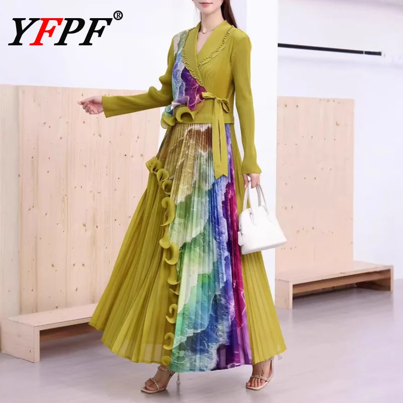 

YFPF Colorful Printing Pleated Dress For Women Fashion Irregular Ruffles Patchwork Lace-up Waist Long Dresses 2025 New 3A358