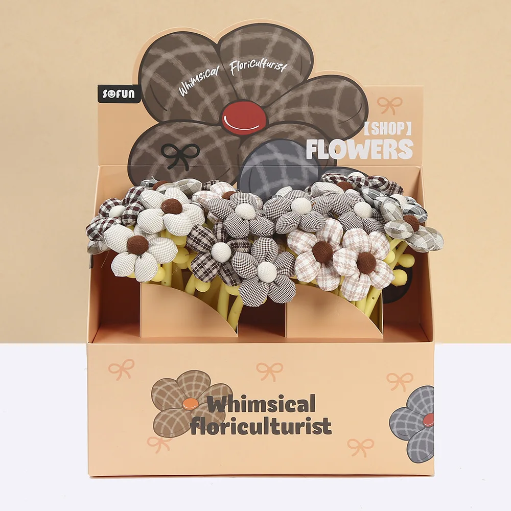 10pcs Creative Fabric Plaid Flower Neutral Pen Ins Wind Girl Heart Rocking Flower Pen Cute Student Stationery Signature Pen