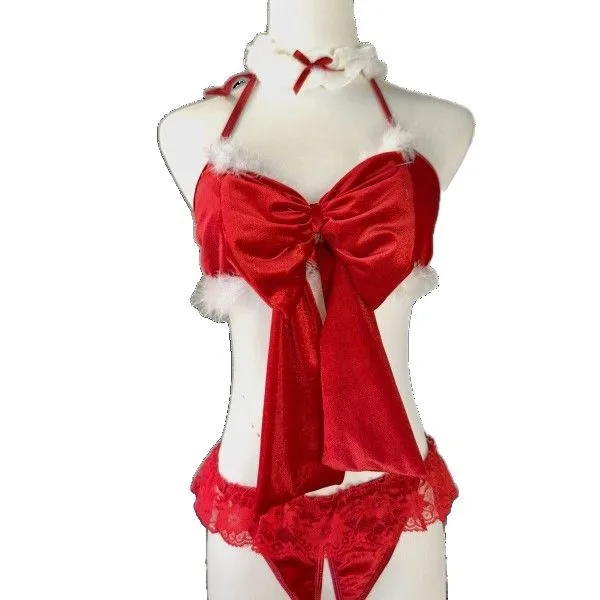 Sexy Christmas Gold Velvet Chest Bow Corset and Lace Shorts Neck Cover Wristband Leg Socks Four-Piece Set
