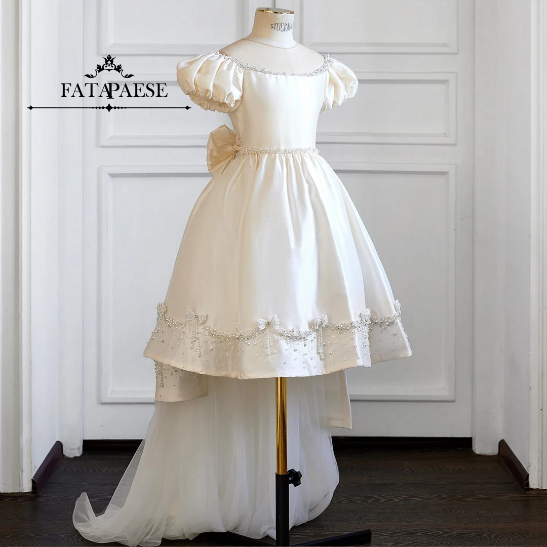 FATAPAESE Customized Flower Girl Kid Dress High-Low Gown Fluffy Puffy Sleeve with Crystals Detachable Tail Junior Bridesmaid