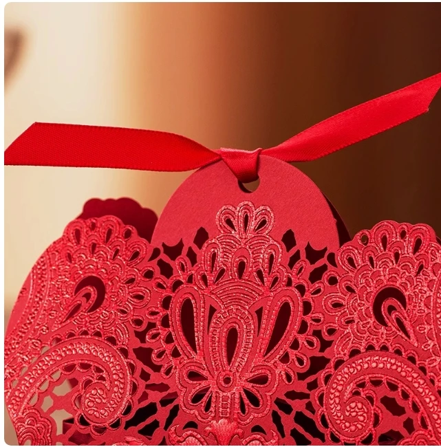 50 pcs Red Candy Favor boxes Lace Hollow with Ribbon Business Party Favor Candy Boxes, Wedding Favor Gift Box, Wedding candy box