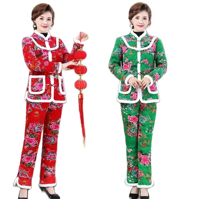 Big-Flowered Women's Sets Winter Velvet Padded Chinese Floral Cotton-Padded Jacket + Cotton Trousers Suit Mother Warm Coat