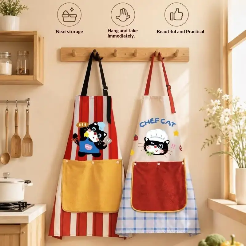 Cute Chef Cat Printed Kitchen Apron With Large Pocket Adjustable Strap For Home Cooking Baking Daily Use