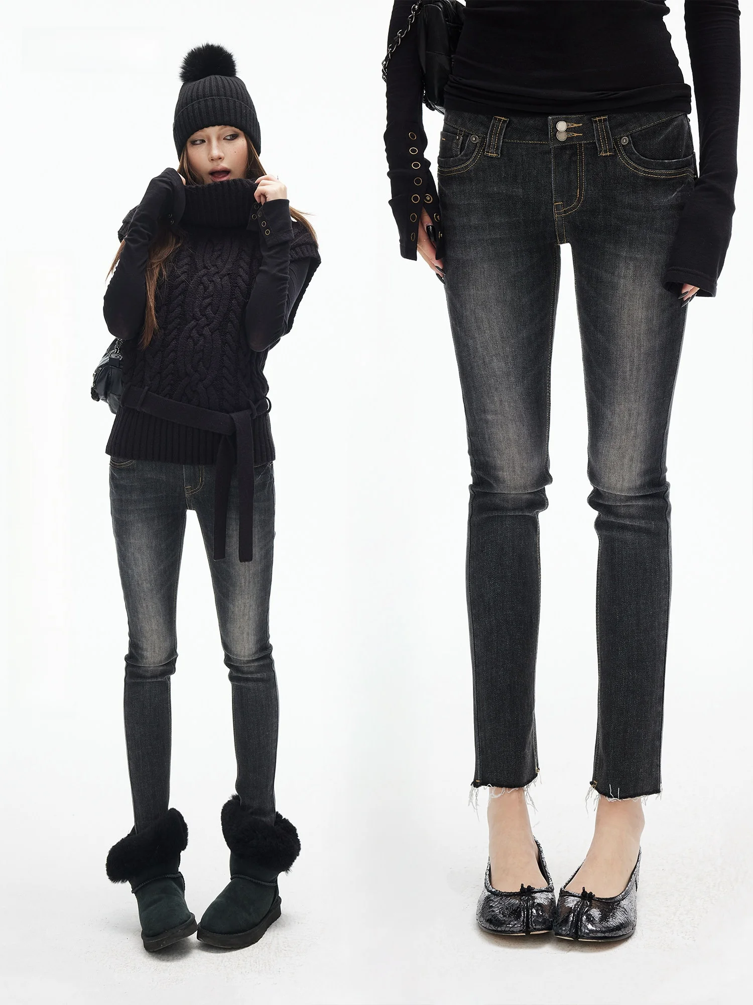

Slim Fit Bla Denim Jeansiamxiaa Cotton Soft Retro Waed Street Sle Double Bule Small Foot Pants Casual Wear for Women