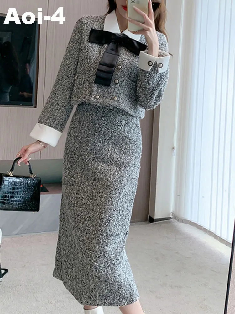 

French Elegant Grey Suit Women's 2023 Autumn Winter Stitching Lapel Bow Double-Breasted Short Coat+Long Split Skirt 2-Piece Set