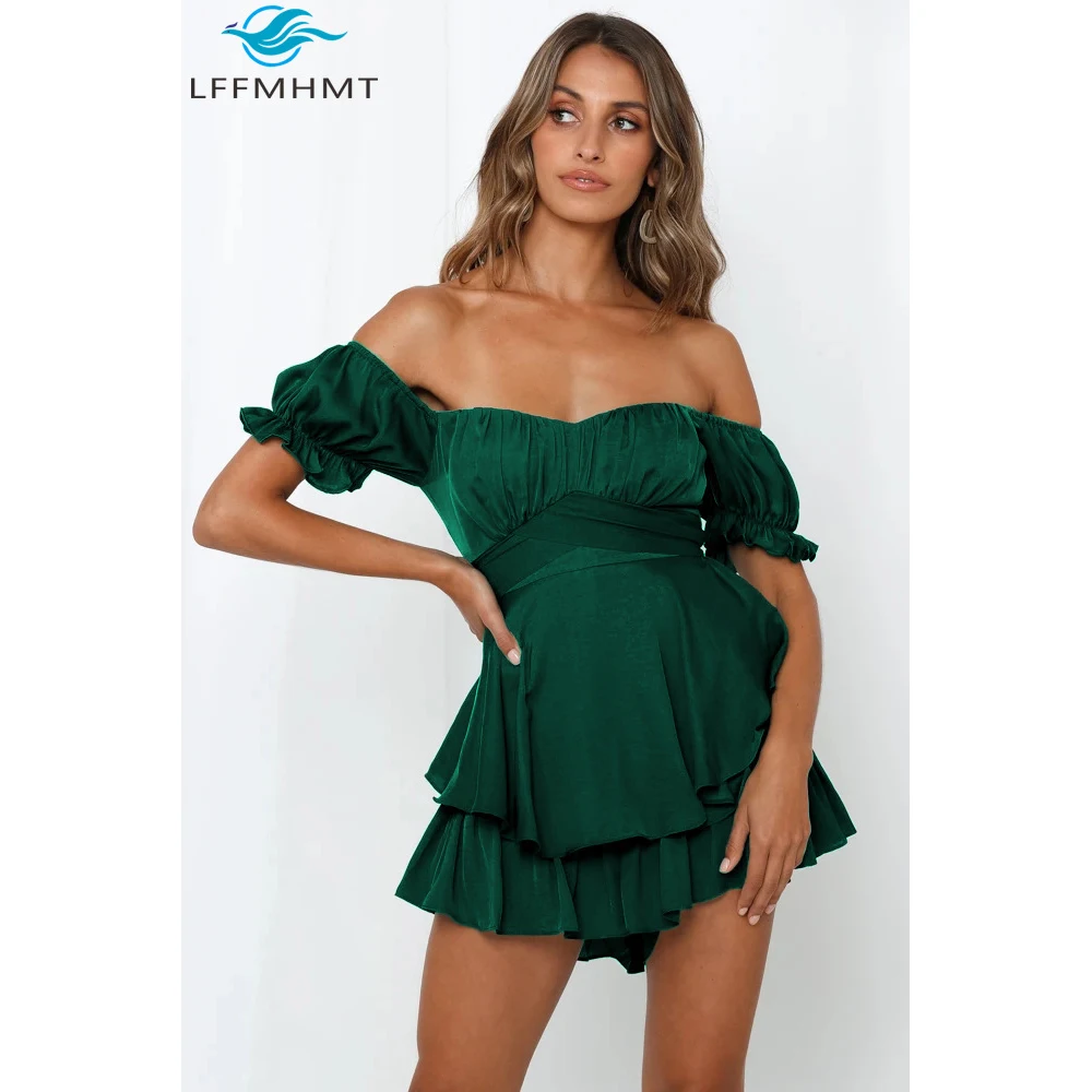 Splash Nekck Ruffle Short Sleeve Sweat Style Jumpsuit For Women Summer Fashion Sexy Lady Casual Simple Solid Color Slim Rompers