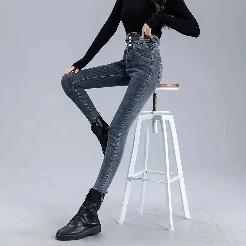 Women Winter Thicken Velvet Lined Skinny Denim Pants Streetwear Casual Pencil Jeans High Waist Warm Button Fly Stretch Vaqueros
