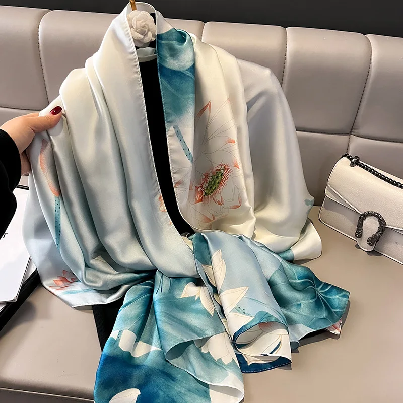 Silk Scarf Women Shawls Female Fashion Flowers For Traveling Sun Protect Sunscreen Beach Scarves Air Conditioning Wraps Luxury