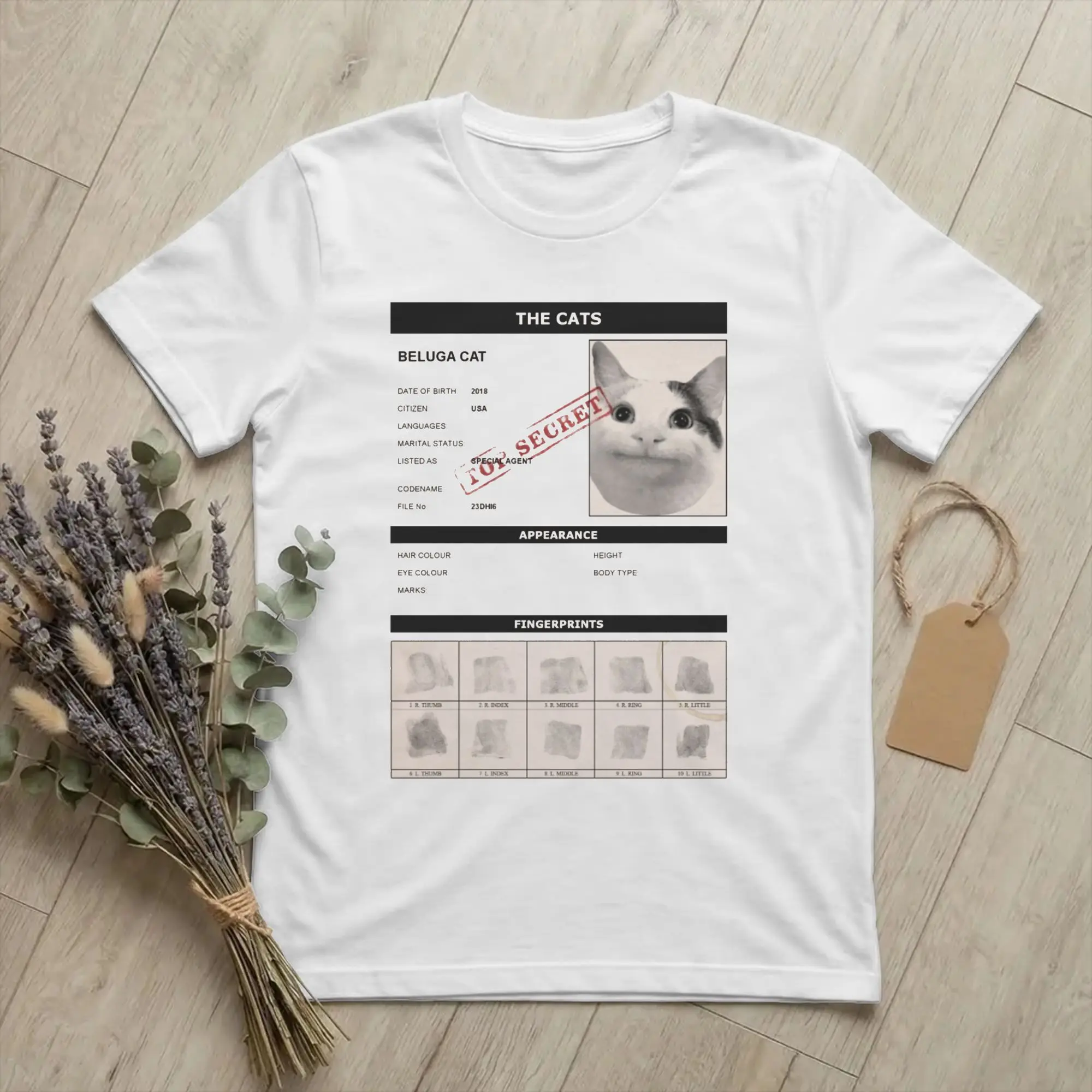 Beluga Cat Agent Top Secret Meme T Shirt Men's Pure Cotton Novelty T-Shirt Crew Neck Funny Tee Shirt Short Sleeve Tops Graphic