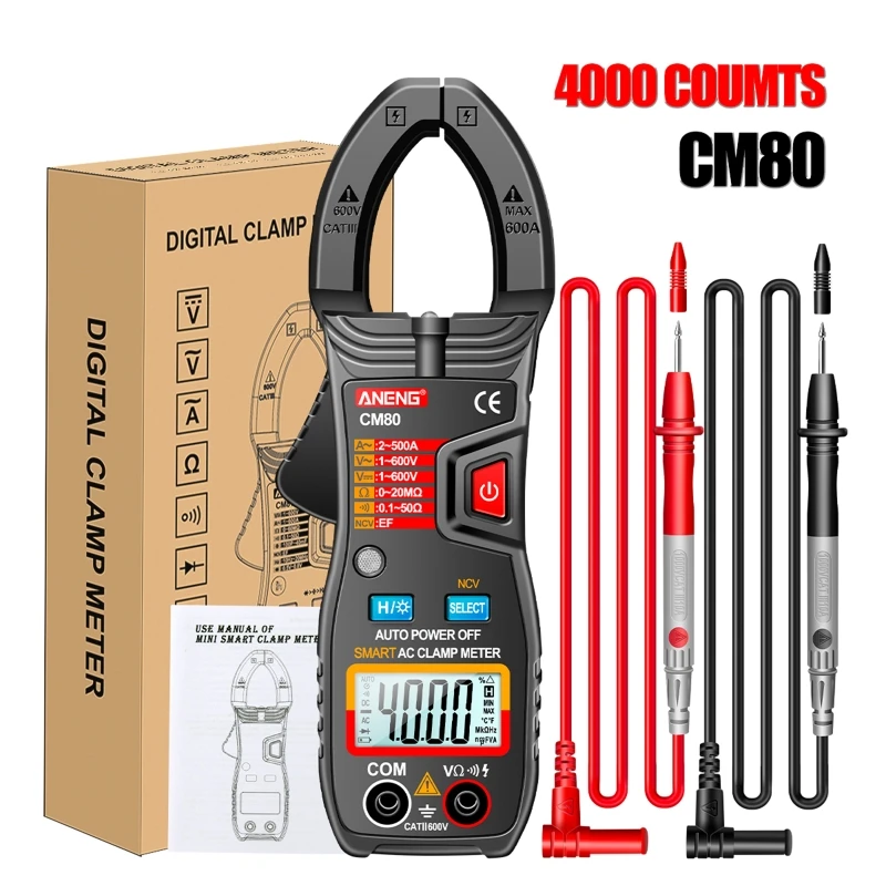 

Portable Clamp Meter Auto Range Multimeter 600V AC/for DC Voltage with LCD Backlit 500A AC Current Resistance Test NCV