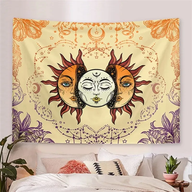 VIKAMA Celestial Tapestry Sun Face Moon Phase Wall Hanging Vintage Aesthetic Art for Bedroom Dorm Room Yoga Studio Decor