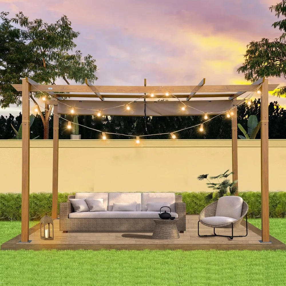 10' x 13' Outdoor Retractable Pergola, Gazebo Modern Grape Trellis Pergola with Sun Shade Canopy, Patio Aluminum Shelter