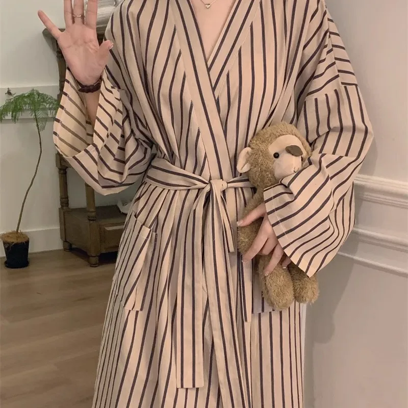 Spring and Summer Women's Dressing Gown, Bathrobe, Women's Coffee Colored Checkered Robe, V-Neck Long Sleeved Home Nightgown