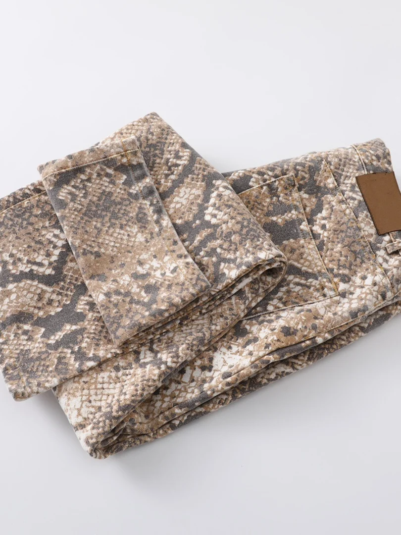 

Свободные джинсы из канваса с американским уличным принтом Python, прямые, винтажные, повседневные, для пар, модные