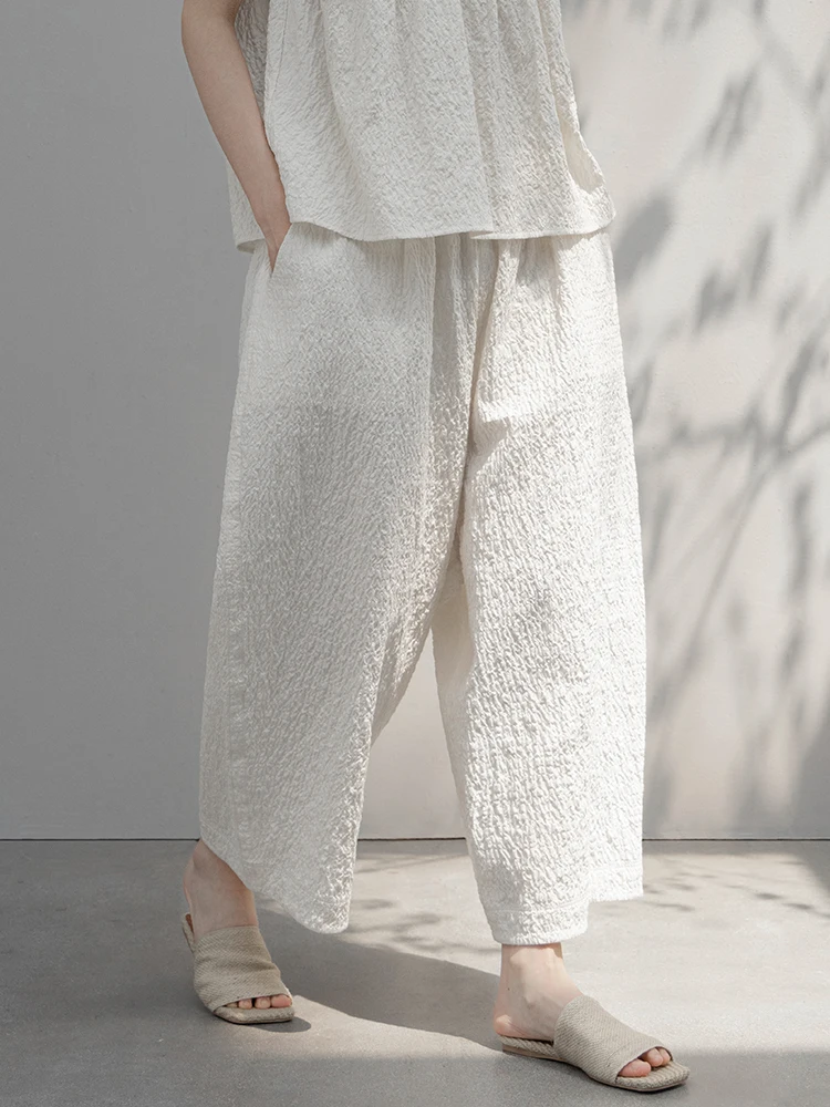 

New Le Collection High Densi Cotton Original White Bubble Autumn Loose Crotch Elastic Waist Wide Leg Pants Ladies Casual ...