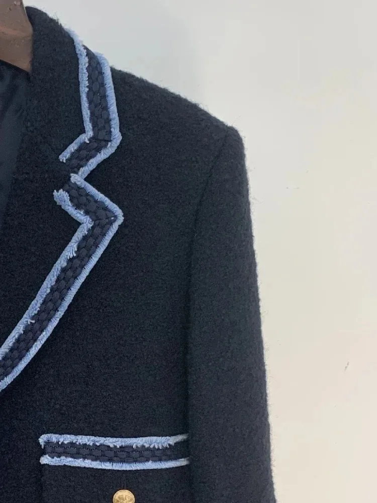 EVACANDIS Autumn and Winter Fashionable and Elegant Contrast Color Collar Dark Blue Tweed Suit Jacket