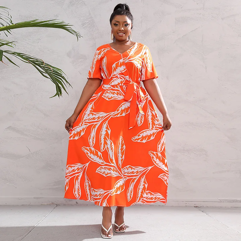 

Large size dress women's V-neck loose pendulum feather print dress fashion simple temperament elegant holiday style high-end ban