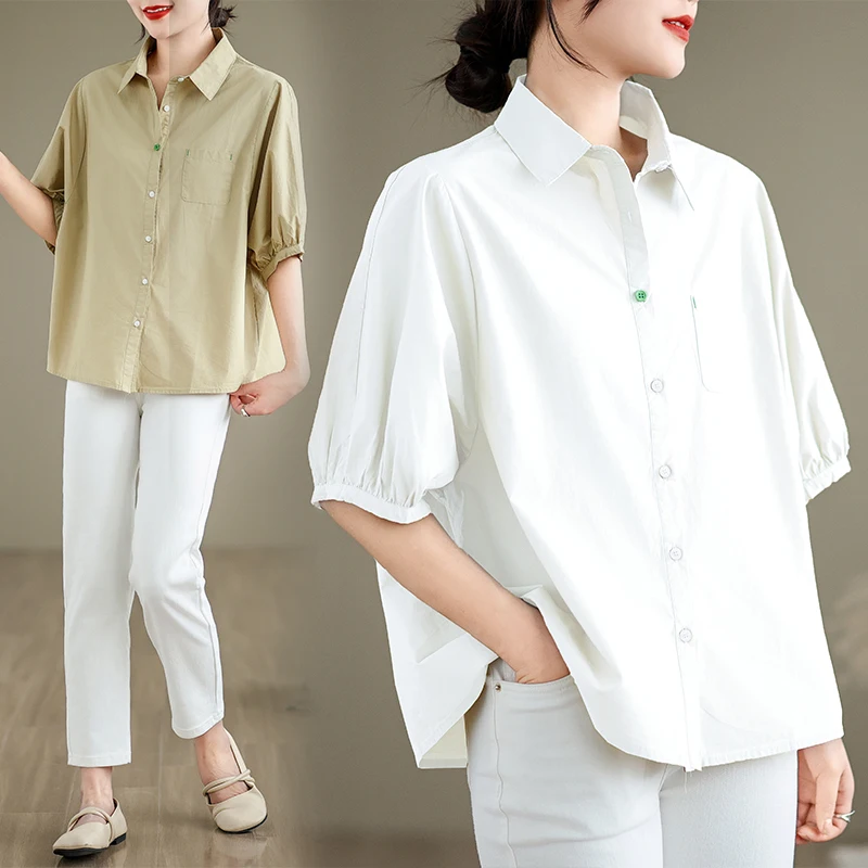 

Summer Women's Loose Svel irt Casual Sle Small Cro Design Large Size Collar Cotton Polyester Blend Top