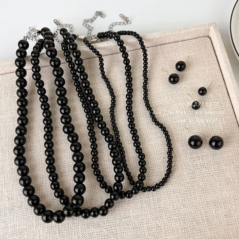 Black Glass Beaded Choker Necklace Minimalist Edgy Premium Lightweight Durable Comfortable for Women Daily Casual Streetwear