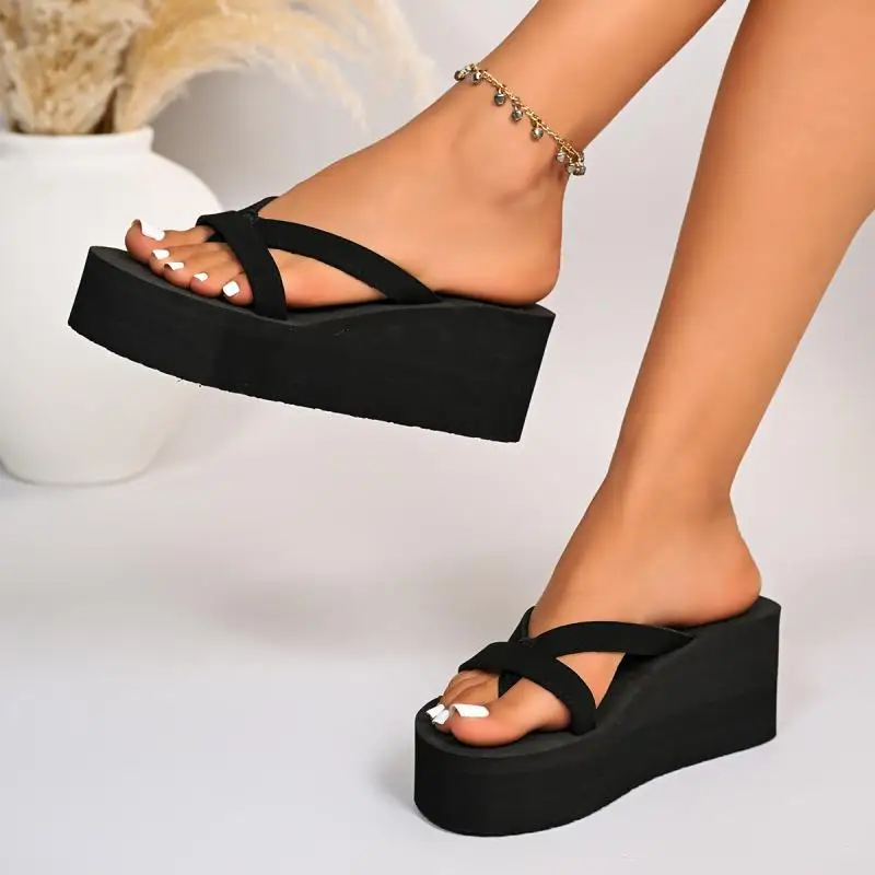 Damen Schwarze Schlichte Chunky Plateau-Flip-Flops Sommer 2026 Zehensteg-Slipper mit Keilabsatz Bequeme Leichte Sandalen für Frauen – Detail 6