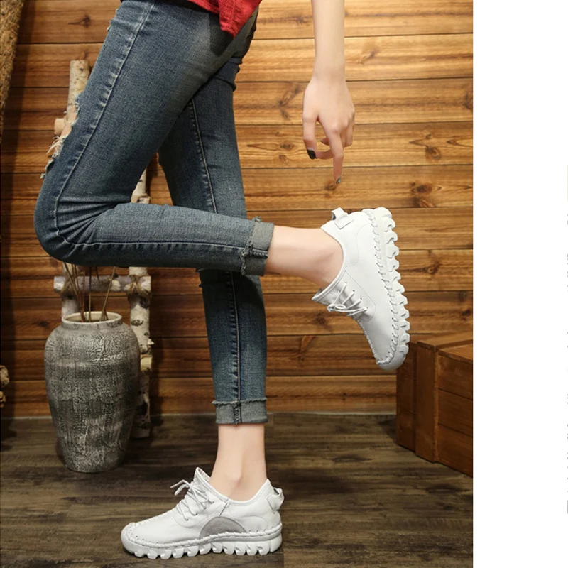 CXJYWMJL Cowhide Casual Sneakers for Women Plus Size Vulcanized Shoes Genuine Leather Spring Skate Shoes Ladies Sports White