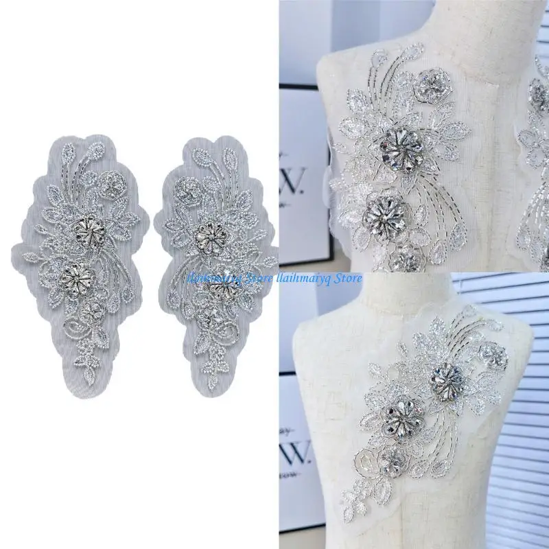 

573B Handmade Lace Applique Sew on Rhinestones Appliques for Dress Lace Applique Flower Dress Patches