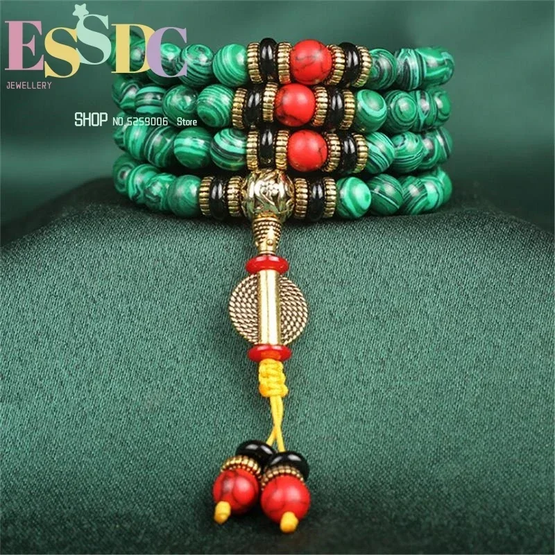 Wholesale 8MM Natural Dragon Pattern Green Malachite 108 Mala Prayer  Men or Women Yoga Meditation Beaded Bracelet