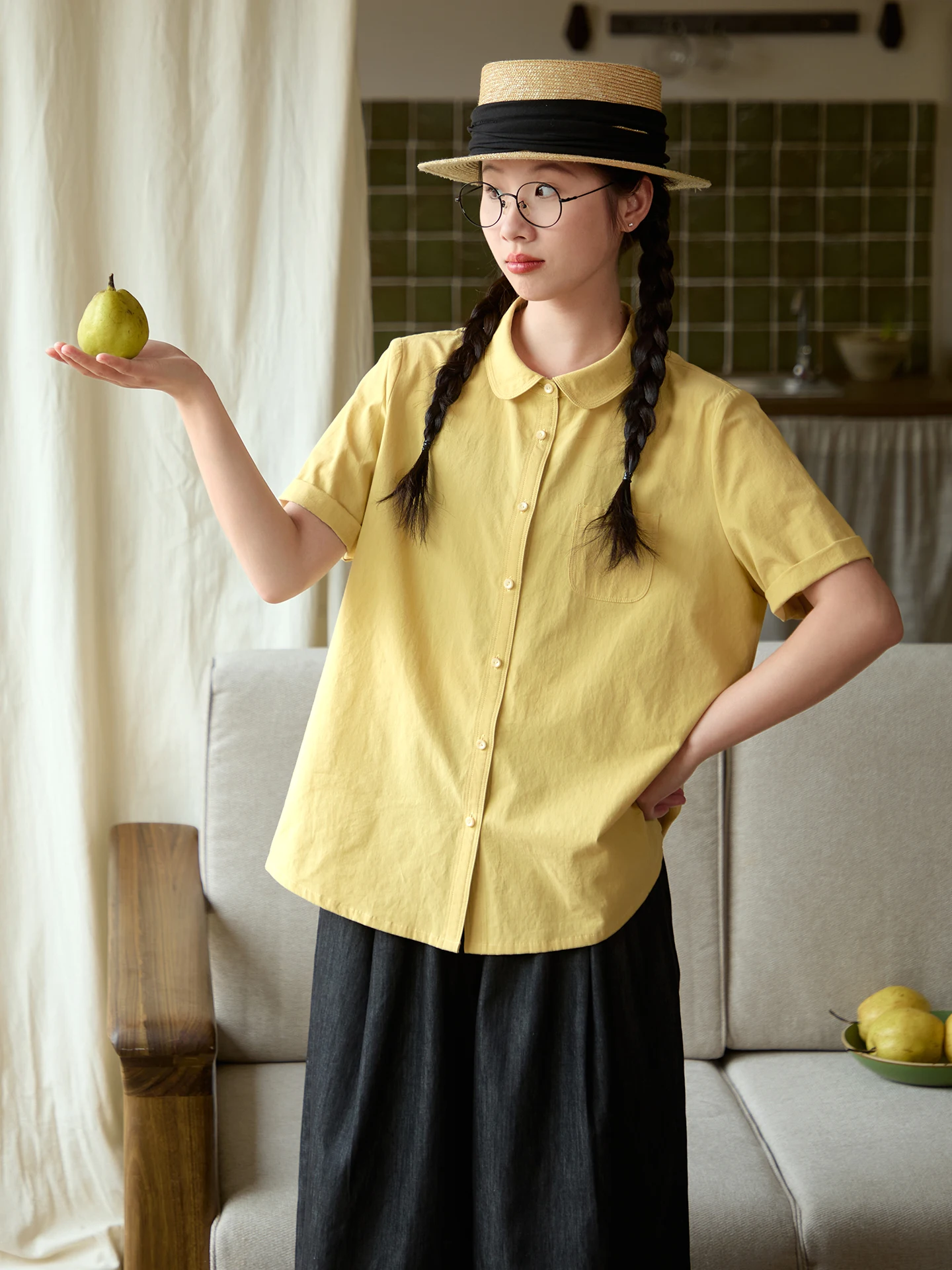 

Рубашка свободного кроя из чистого хлопка с короткими рукавами, желтая, с воротником-стойкой, в японском стиле, женская летняя дышащая удобная повседневная блузка