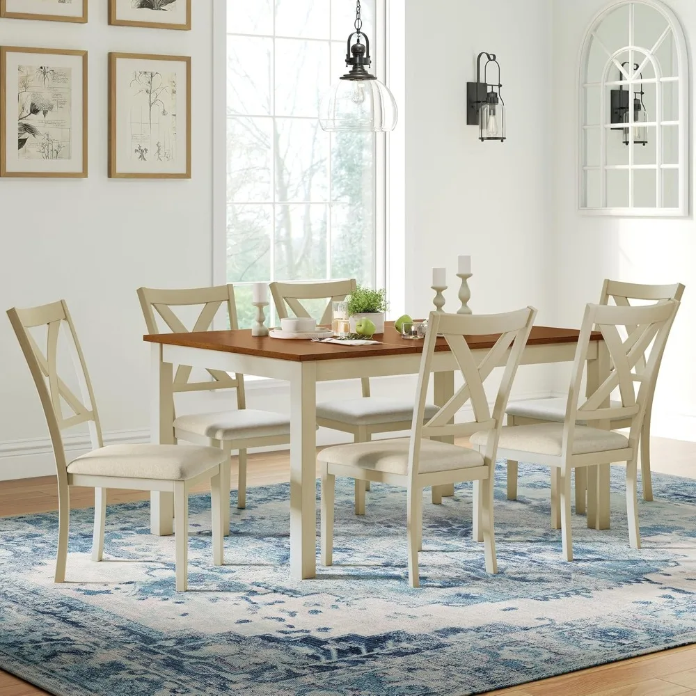 

7-Piece Farmhouse Solid Wood Dining Table Set with 6 Upholstered Chairs, 60 Space Saving Dinner Table & Chairs Set.