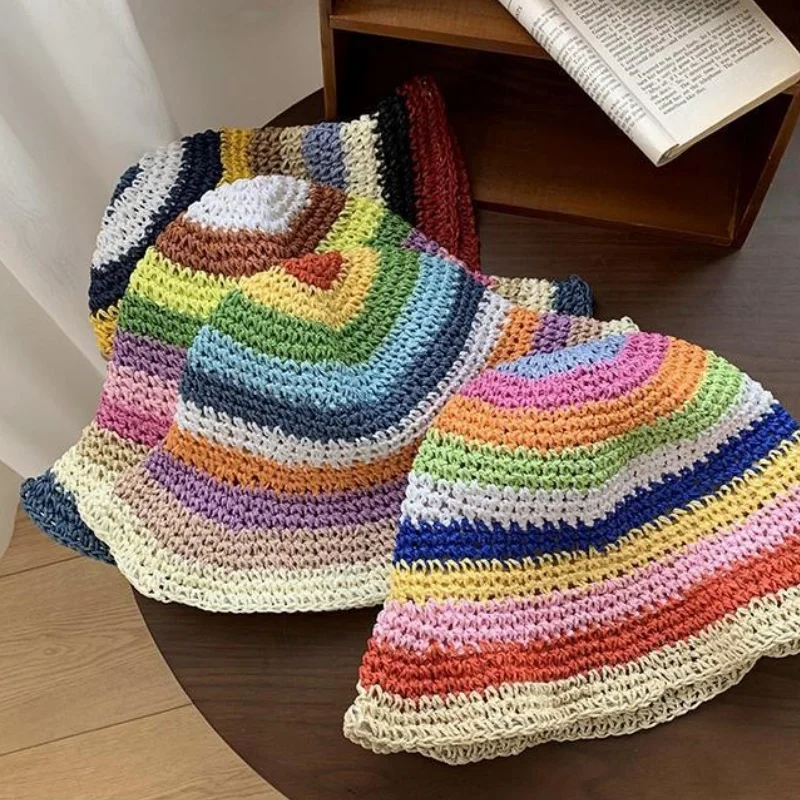 Rainbow Women's Panama Handmade Knitted Crochet Hat UV Protection Visors Sun Hat Summer Beach Foldable Outdoor Cap Gorras