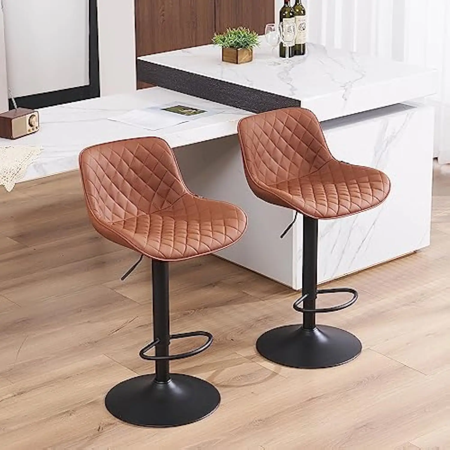 

Coffee Brown Bar Stools Set of 2 Adjustable Counter Height Barstools Faux Leather Bar Stool with Back Swivel Modern Metal Diam