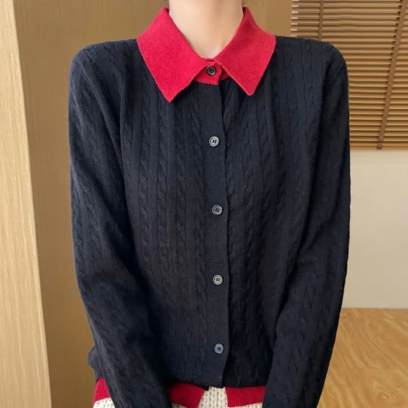 

Новый женский вязаный кардиган с воротником-поло на пуговицах, осенне-зимнее пальто, свитер, свободный топ