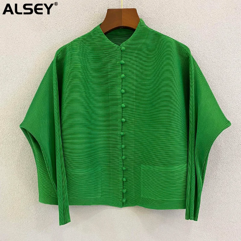 

ALSEY Miyake Pleated Korean Style Casual Simple Shirt Women's Tops Fall New Bat Sleeve Casual Loose Plus Size Short Jacket