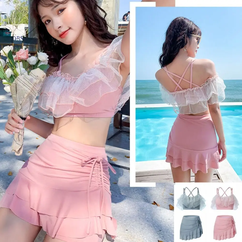 Süßer Slim-Fit-Badeanzug mit A-Linien-Rock, Puff-Rüschen, schulterfrei, Spitze, Rüschen, Badeanzug, Strandmode, zweiteiliges Set, Bademode für Damen