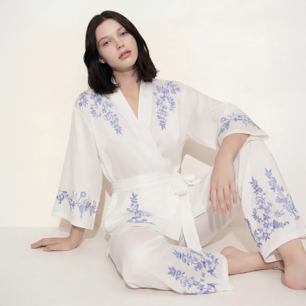 

Women Sleepwear Print Floral Robe Bathrobe Kimono Pants Pajamas Suit 2Pcs Home Clothes Sexy Kimono Nightwear