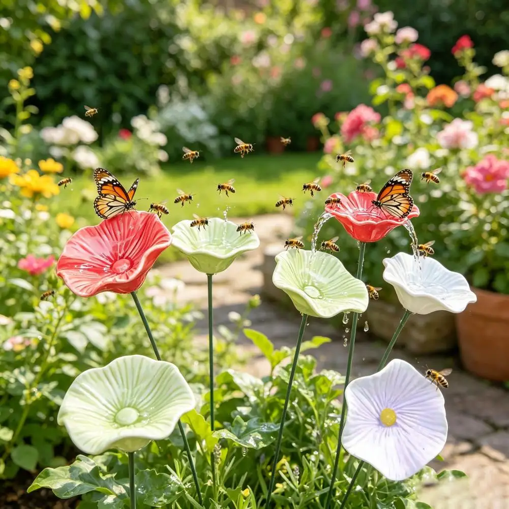 Colorful Flower Ceramic Pollinator Watering Station Bee Feeder Butterfly Bird Bath Garden Stake Yard Art Decor Nature Lover Gift view 4