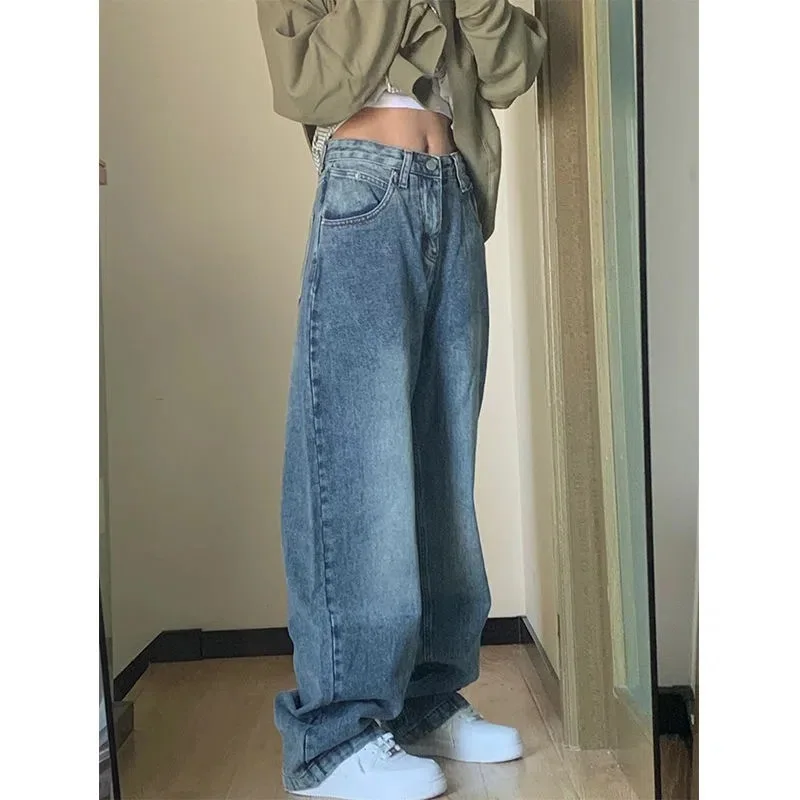 

Plus Size American European New Fashion Women's Solid Color Casual Trendy Vintage Loose Wide Leg Straight Denim Trousers Female