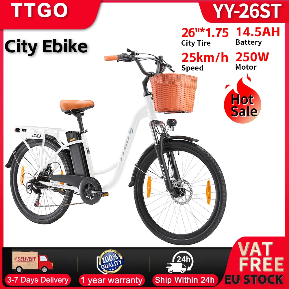 TTGO 26 Zoll Elektrofahrrad E-Bike für Männer und Frauen 36V 14,5 Ah Akku, Citybike 60-75 km Elektrofahrrad mit Korb