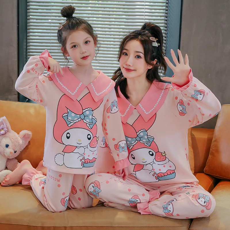 My Melody Sanrios Printing Pajamas Long Sleeves Trousers Cardigan Cotton Fashion Can Be Worn Outside Lounge Clothes Suit