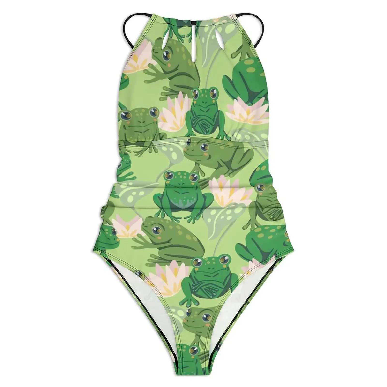 Cute Frog Lotus Swimsuit Pink Flowers Swimwear One Piece Holiday Surf Bodysuit Halter Monokini Women Push Up Sexy Beach Outfits