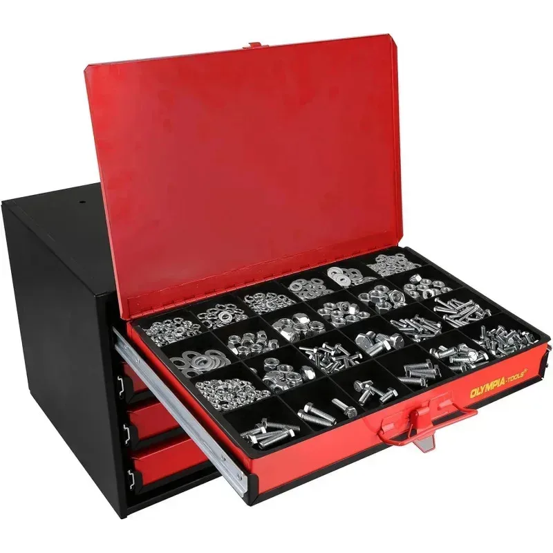 QAZ8-Olympia Tools 90-806 Hardware Organizer met 4 laden inclusief 2500 stuks kleine hardware. zwart/rood