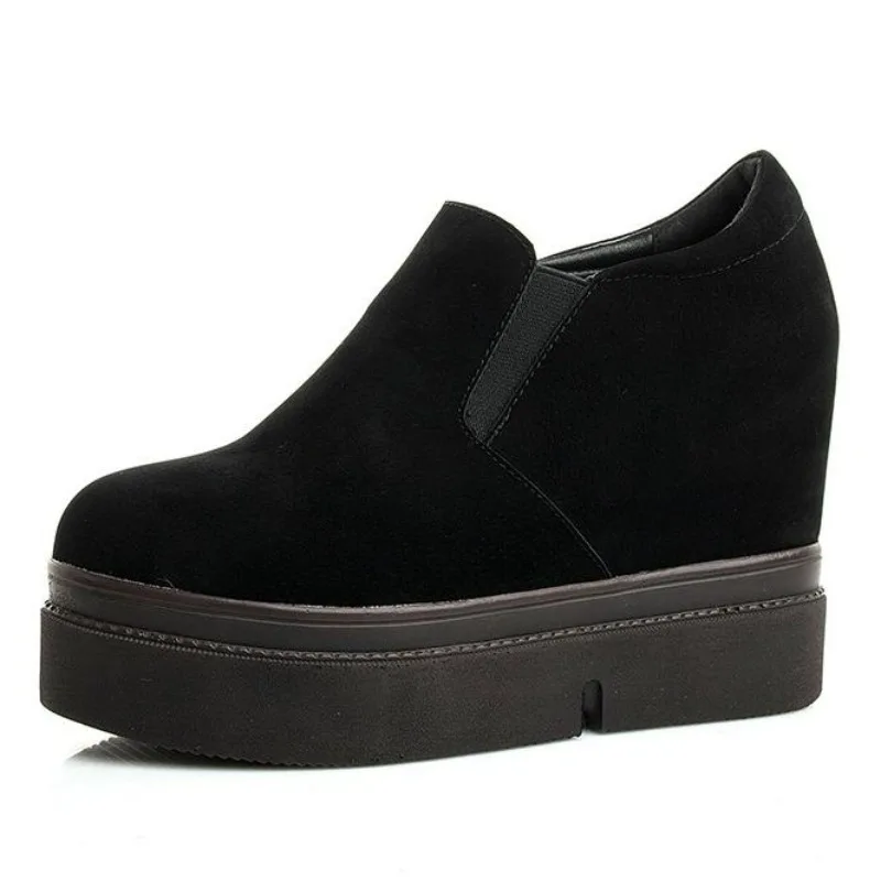 Zapatillas de plataforma de microfibra para mujer, zapatos de tacón oculto, mocasines negros, botas cálidas de felpa Retro, 10CM, otoño, primavera e Invierno