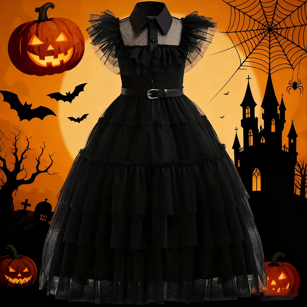 Halloween Mittwoch Cosplay Kostüm Schwarzes Prinzessin Kleid Mädchen Hochzeitskleid Formelles Abendkleid Mädchen Partykleider Geburtstag