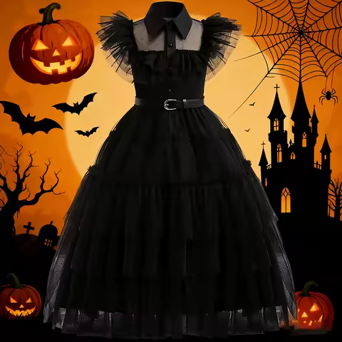 Halloween Wednesday Cosplay Costume Black Princess Dress Girl Wedding Dress Formal Evening Dress Girls Party Dresses Birthday