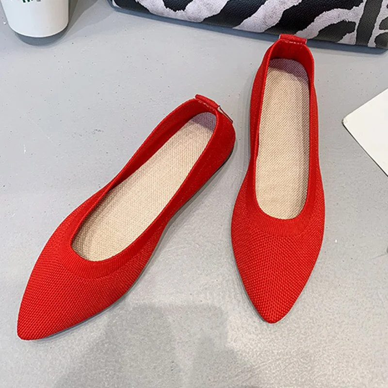 2024 Elegant Woman Daily Lightweight Outside Pointed Toe Flats Female Breathable Casual Soft Office Red Pink Concise Weave Shoes