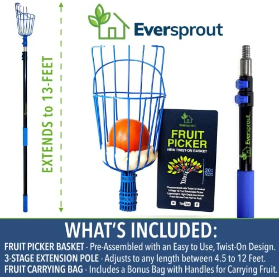 4.5-to-ft Durable Fruit Picker with 20+ Reach Telescoping Fruit Picker, Lightweight Twist-On Fruit Picking Tool with Basket, Al